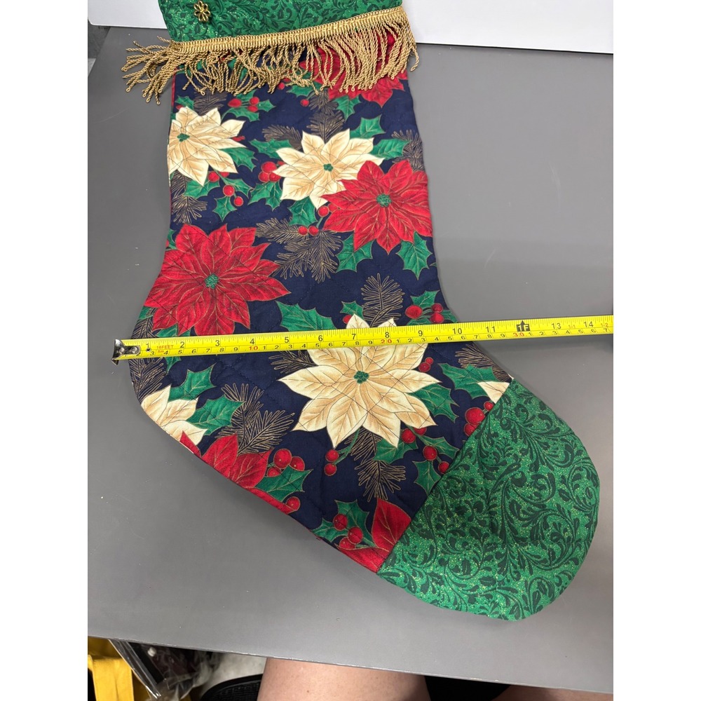 Vintage Quilted Christmas Stocking Poinsettia Floral Gold Fringe Green Cuff 26in - Picture 8 of 8